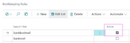 Active field on bookkeeping rule
