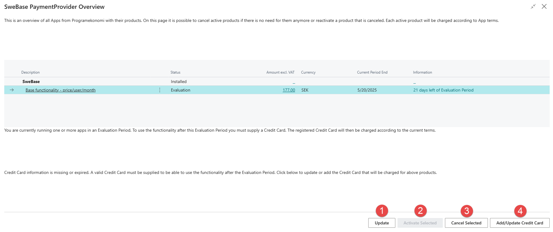Register payment information screenshot