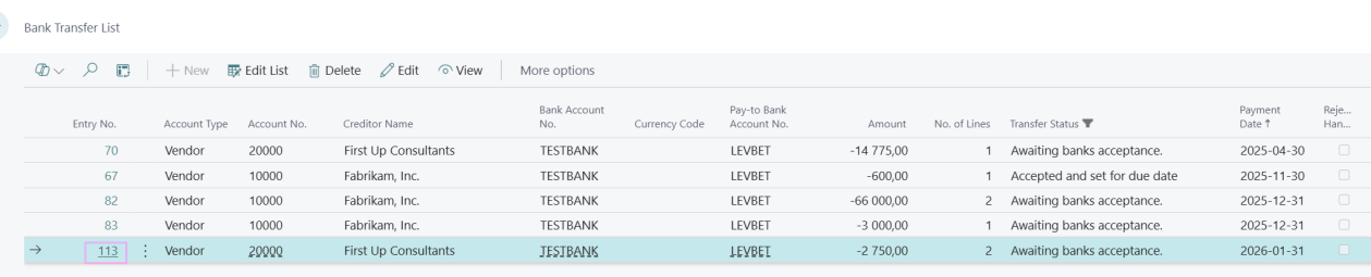 Bank Transfer List