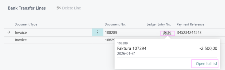Ledger entry lookup from Bank Transfer Lines