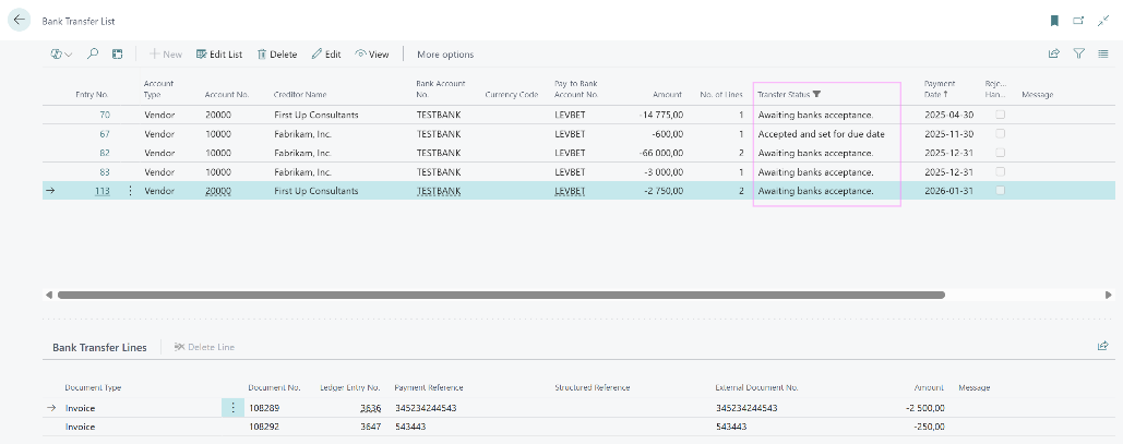 Transfer status in the Bank Transfers list