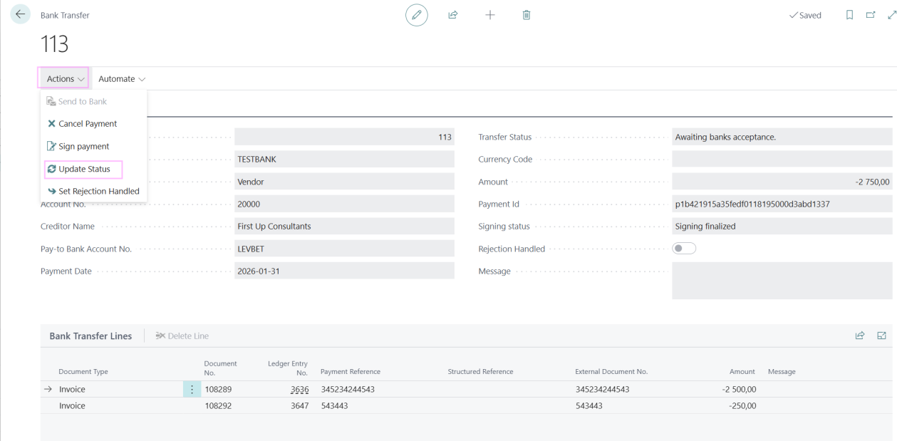 Actions → Update Status