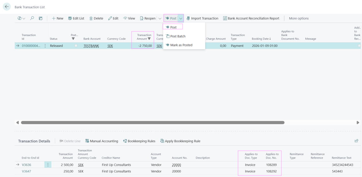 Post a matched transaction