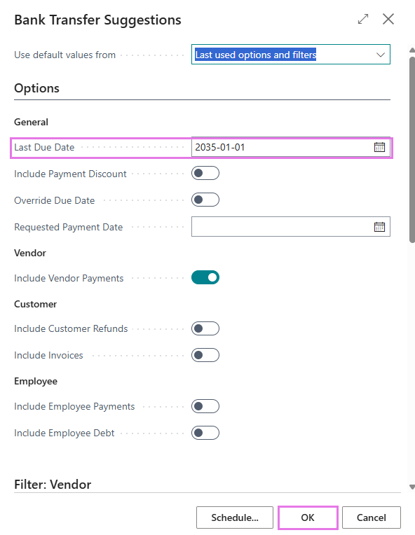Bank Transfer Suggestions page