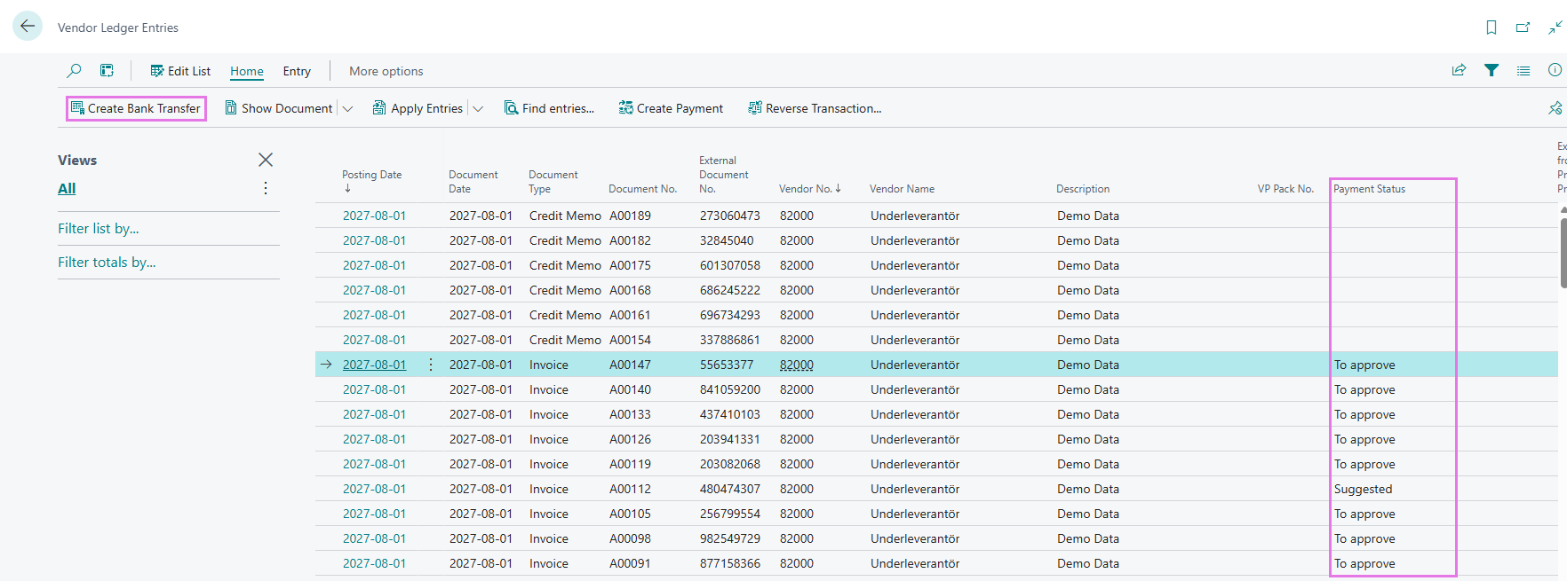Create Bank Transfer on Vendor Ledger Entries