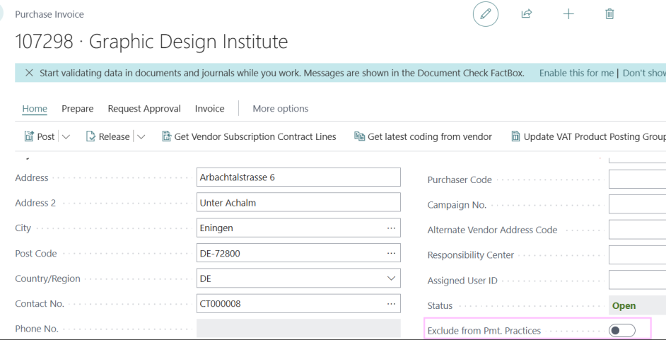 Exclude from Pmt. Practices on the Purchase Invoice