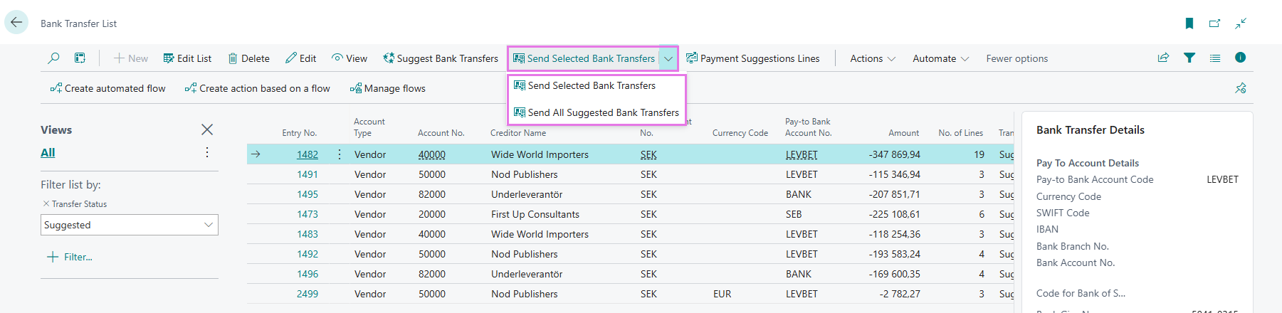 Send Selected Bank Transfers and Send All Suggested Bank Transfers