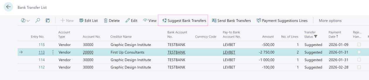 Suggest bank transfers action