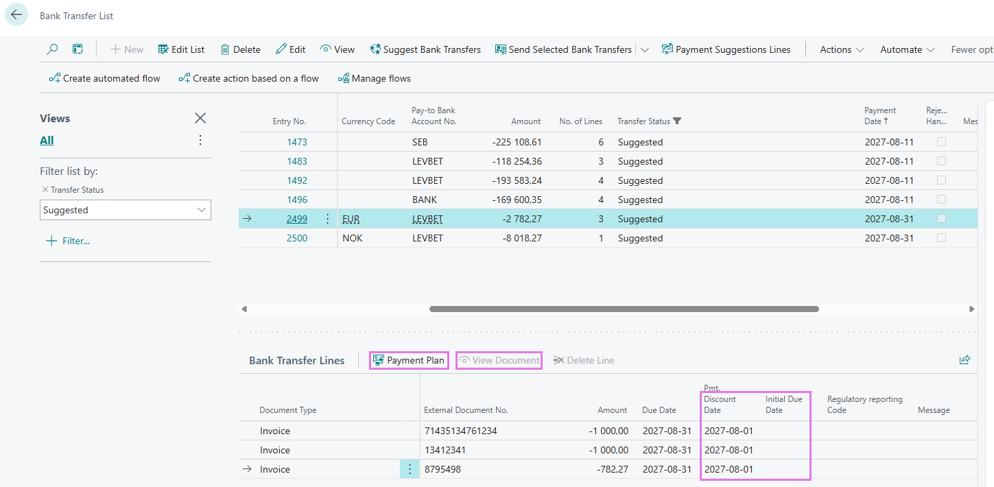 Bank transfer lines with Pmt. Discount Date and Initial Due Date