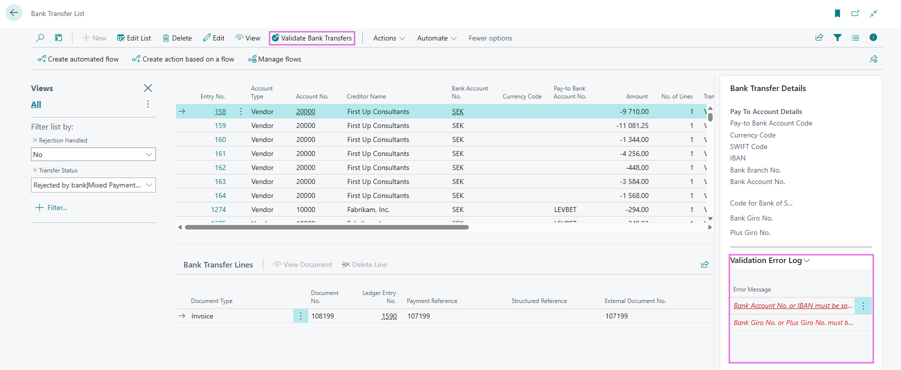 Validation Error Log and Validate Bank Transfers