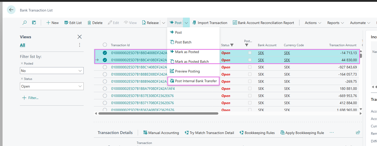 Post Internal Bank Transfer