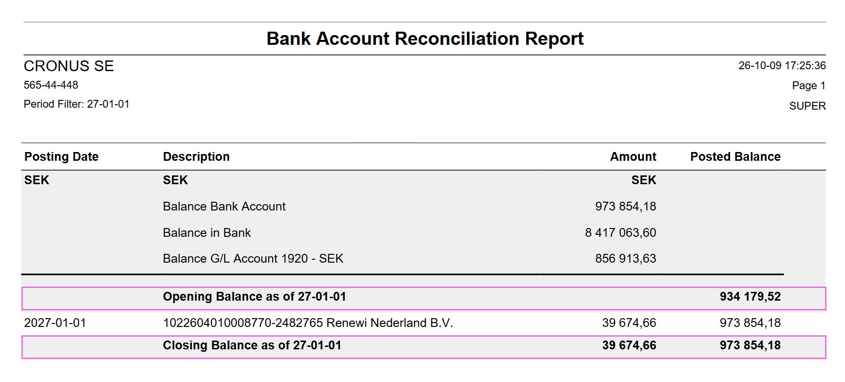 Bank Account Reconciliation Report output