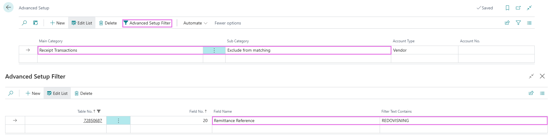 Advanced Setup and Advanced Setup Filter