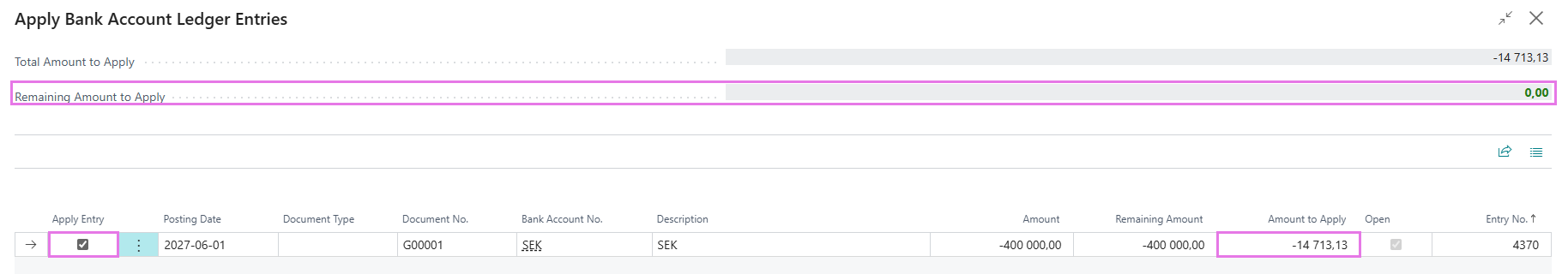 Apply Bank Account Ledger Entries
