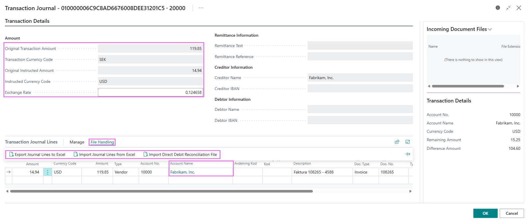 Transaction Journal for a foreign-currency payment