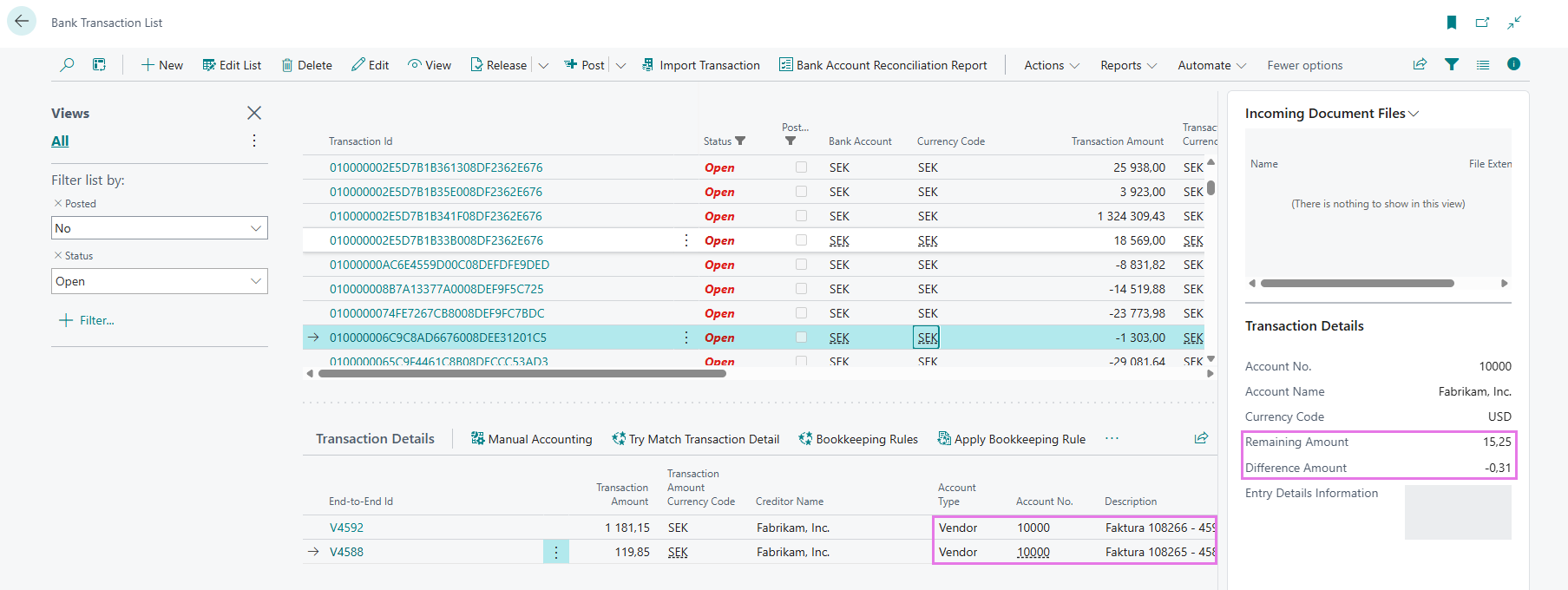 Transaction Details fact box with Remaining Amount and Difference Amount